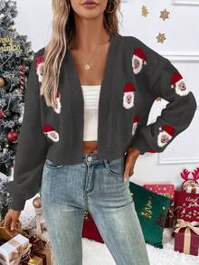 SHEIN LUNE Cardigan Wanita Kasual dengan Motif Santa Claus di Bagian Depan, Musim Gugur/Dingin - MultiWarna - View 5
