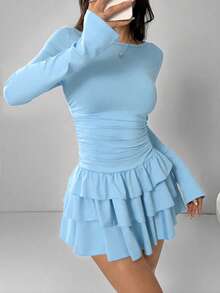SHEIN EZwear Váy dài tay viền bèo nhún màu đỏ tía thanh lịch dành cho nữ - Màu xanh lam - Xem 5