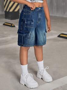 SHEIN Tween Girl Y2K Fashionable Stonewashed High Waist Flap Pocket Baggy Denim Cargo Shorts, Back To School Fall - Dark Wash - View 4