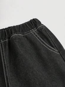 SHEIN 女童纯色前扣无袖上衣和长裤休闲牛仔套装 - 黑色 - 查看 4