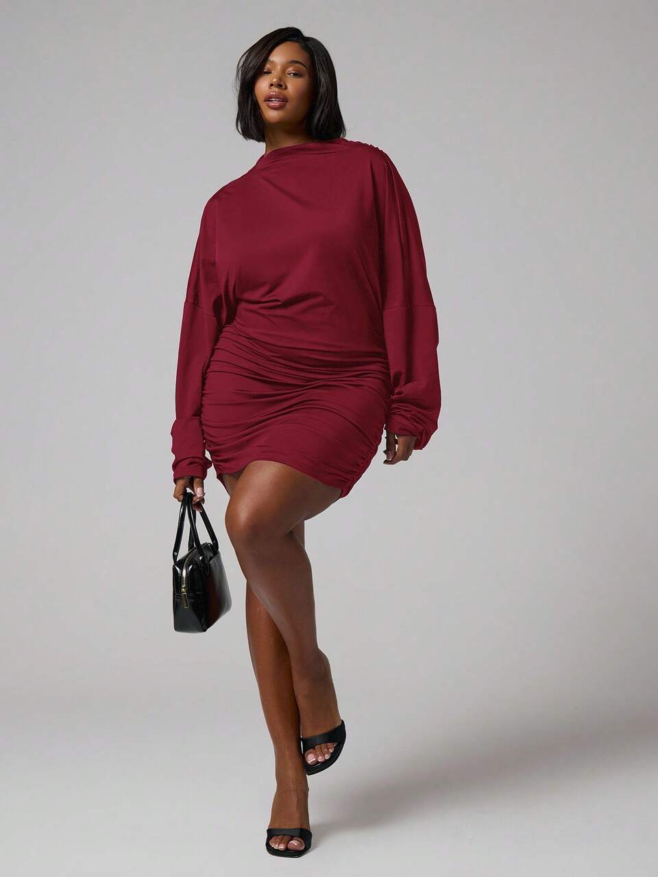 Curve Long Sleeve Funnel Neck Ruched Fitted Mini Dress Going Out Party, Festive, Holidays Summer