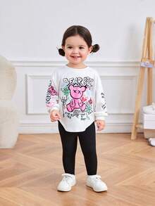 嬰兒女孩休閒可愛塗鴉印花長袖上衣和彈性腰褲套裝 - 黑與白 - 查看 6