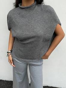 Aloruh Grey Turtleneck Loose Sweater Top, Spring Women, Luxury Prom Gathering Party Banquet Modest Old Money Coquette Holiday Party Rave Festival Outing Vacation Hot Outdoor Richly Layered Wedding Season Banquet ID Al-Adha Party New Year Looks Of Party Top For Autumn Early Spring Formal New Year's Eve Elegant Top For Party, Sweaters For Women, Solid Color Knit Top For Office - Grey - View 5