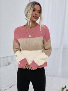 EMERY ROSE Áo len nữ dài tay cổ tròn, vai rớt, phối màu tương phản, kiểu dáng thường ngày, thích hợp cho mùa thu/đông, áo dài tay, áo len chui đầu mùa thu. - Nhiều màu - Xem 5