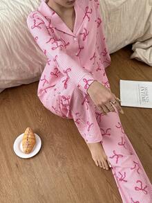 SHEIN 女士领结条纹印花长袖睡衣套装 - 彩色 - 查看 4
