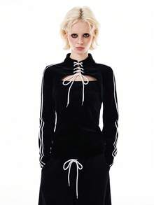 Bloopia 女士撞色条纹印花系带长袖丝绒露脐上衣 - 黑色 - 查看 6