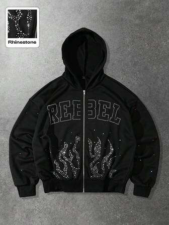 sweat-shirt à capuche zippé décontracté pour hommes avec motif de lettre et de flamme en strass, automne