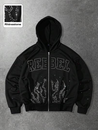sweat-shirt à capuche zippé décontracté pour hommes avec motif de lettre et de flamme en strass, automne