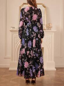 Amorya 女士V领长袖收腰灯笼袖印花针织弹力直筒裤，优雅日常连体裤，秋冬款 - 彩色 - 查看 7