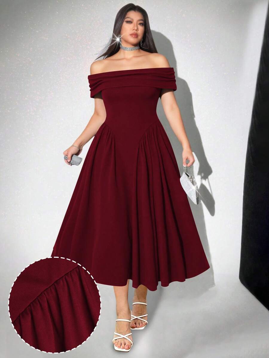 Grovea 加大码露肩优雅小黑中长连衣裙，女士正式婚礼宾客礼服 - 酒紅色 - 查看 1