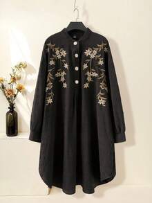 Modelyn Plus Size Floral Embroidered Front Button Elegant Long Sleeve Shirt - Black - View 1
