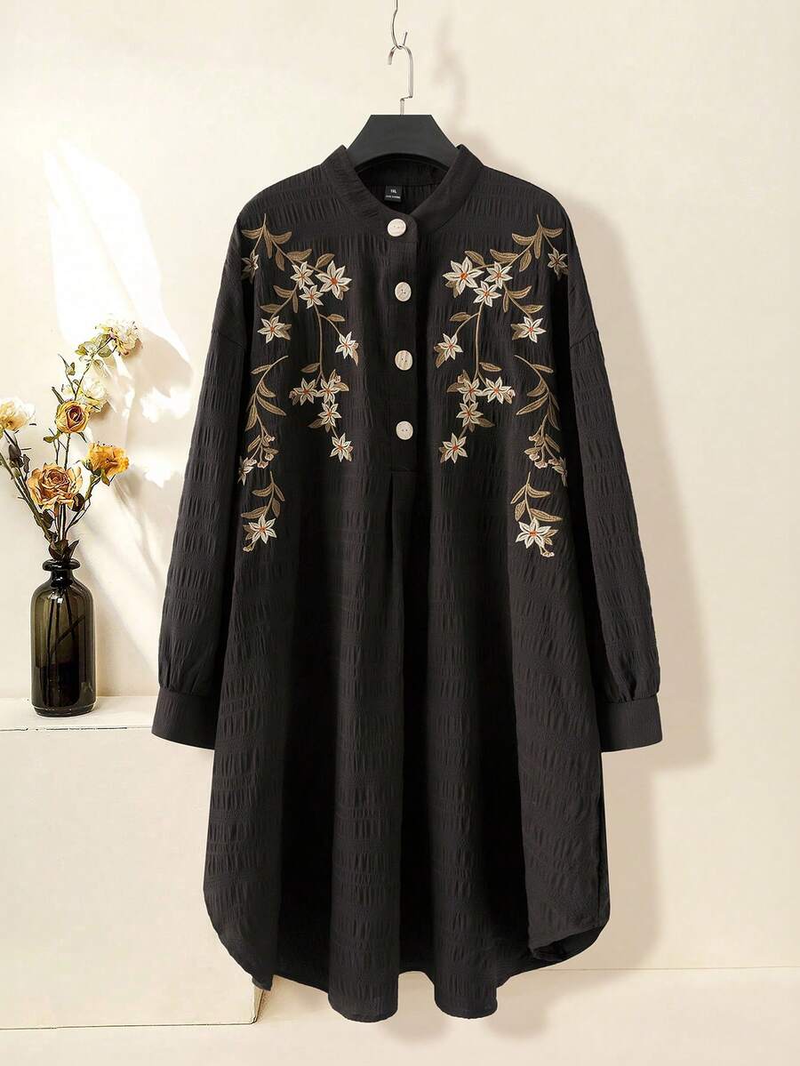 Modelyn Plus Size Floral Embroidered Front Button Elegant Long Sleeve Shirt - Black - View 1