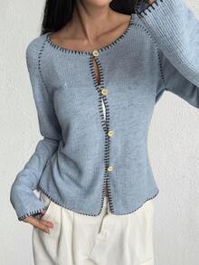 Livesso Áo thun dệt kim dài tay khoét lỗ dáng rộng thoải mái cho nữ với họa tiết sọc khối màu, phong cách đường phố thời trang cho mùa xuân và mùa thu - Màu xanh lam - Xem 9