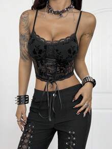 Coolane Women's Fall/Winter All-Season Y2K Goth Chic Rave Sexy Hot Girl Lace Stretchy Comfortable Textured Black Cami Tops - Black - View 4