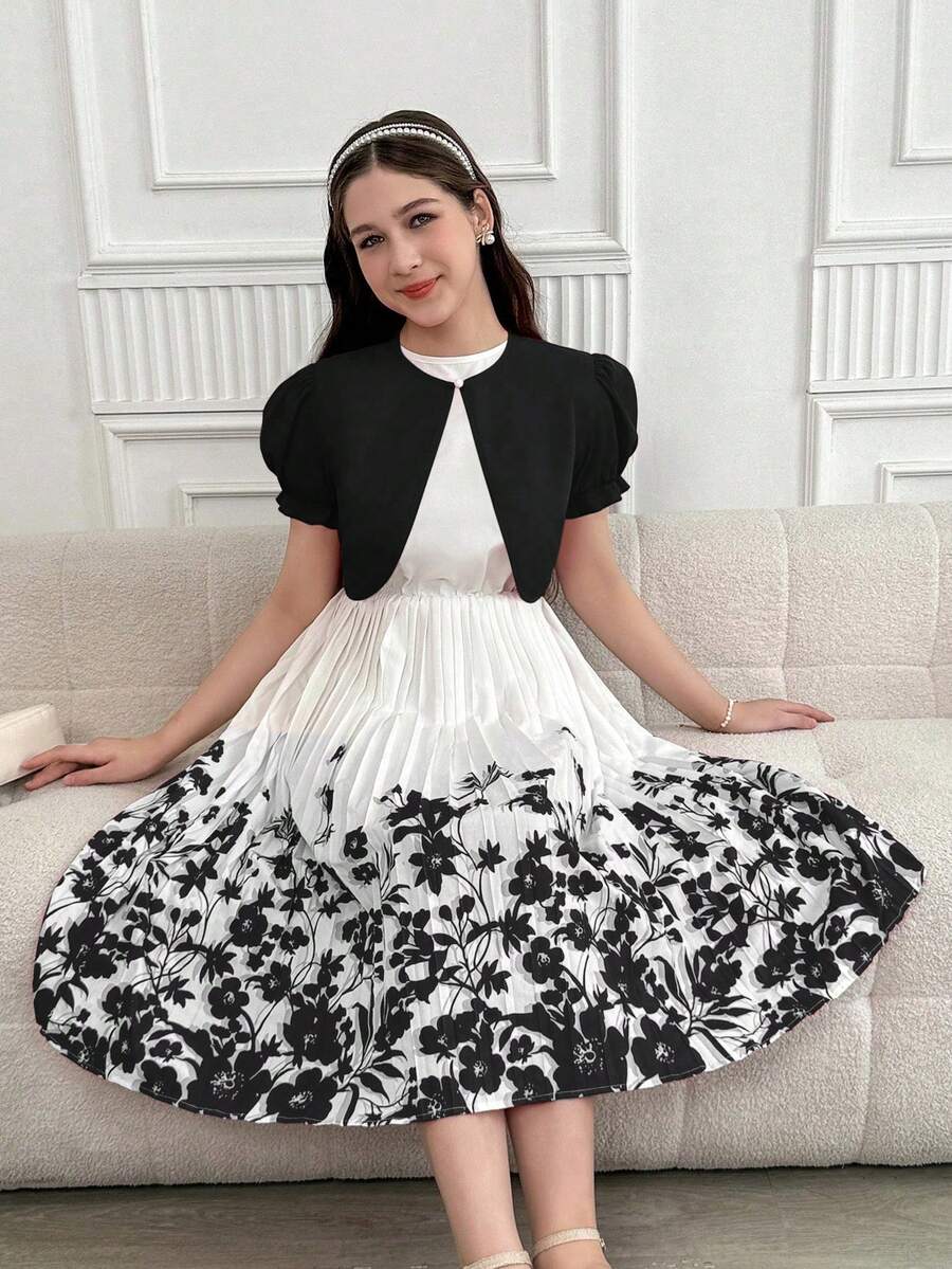 SHEIN 2件組花卉印花百褶洋裝與開襟衫套裝,適合青少年女孩,優雅夏季新品 - 黑色 - 查看 1