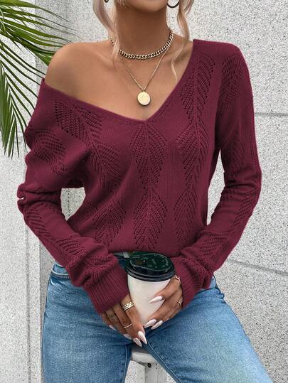 Calvaya Women's Casual Solid Color Hollow Out V-Neck Dropped Shoulder Knit Sweater, Autumn/Winter