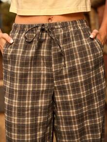 WESTFADE 格纹编织抽绳腰宽松中腰阔腿裤，冬季、波西米亚风、西部风、假日、圣诞节、新年、纳什维尔牛仔风、休闲、可爱 - 棕色 - 查看 3