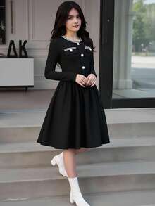 SHEIN 少女优雅缎带饰边长袖连衣裙，冬季优雅连衣裙 - 黑色 - 查看 3