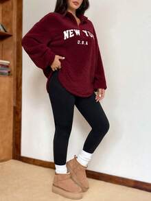 SHEIN EZwear 女款紐約字母圖案立領抓絨衛衣與緊身內搭褲套裝，酒紅色，秋季，休閒，校園，居家穿搭，黑色 - 酒紅色 - 查看 4