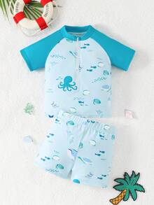 1pc Cute Underwater Animal Print Baby/Toddler Boys' Swimsuit Set,Aqua Blue Stretchy Knit Rash Guard For Summer Vacation Holiday Beach,Short Sleeve - Multicolor - View 5