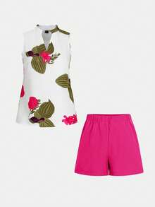 EMERY ROSE 2 件套花卉印花无袖上衣和短裤，度假/休闲装