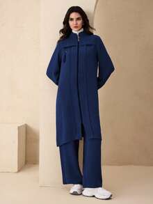 Graceveil 修身优雅纯色长袖拉链外套，阿拉伯风格女装，秋冬款 - 寶藍色 - 查看 3