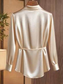 Franclia Elegant French Asymmetrical Oblique Lapel Criss-Cross Tie Waist Pleated V-Neck Women Blouse Fall Cloth For Women - Apricot - View 2