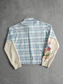 ROMWE MEN Chemise à manches longues ample pour hommes 2 en 1 à carreaux avec manches à double couche - Bleu azur - Voir 2