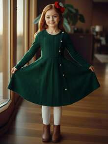 Emery Rose Kids Váy len dệt kim cổ tròn tay dài màu xanh lá cây cổ điển vừa vặn cho bé gái tuổi mới lớn, phù hợp cho mùa thu đông, màu đỏ cho Giáng sinh, trang phục dự tiệc, trang phục hàng ngày đến trường, sinh nhật - màu đen - Xem 2