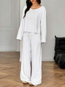 SHEIN EZwear 2 件套女士休闲纯色长袖上衣和裤子套装，秋季 - 白色 - 查看 5