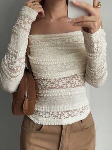 Livesso Women's Hollow Out Lace Blouse, Off-Shoulder Casual Vacation Street Style Crochet Beach Shirt, Long Sleeve T-Shirt, Suitable For Autumn, Spring, Summer - Beige - View 3