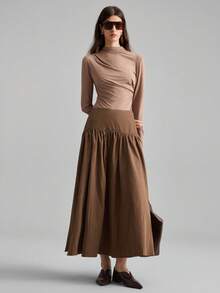 Ontre 2026春夏新款棕色高腰百褶女裙，现代优雅浪漫休闲通勤办公适用，也适合婚礼宾客、海滩度假、音乐会、派对等场合。 - 棕色 - 查看 2