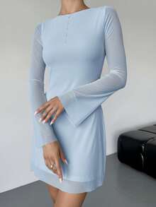 Firerie 女士优雅性感迷你裙，橄榄绿船领喇叭袖收腰A字迷你连衣裙 - 淺藍色 - 查看 4