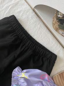 SHEIN مجموعة قميص أبيض بأكمام منفوشة وربطة عنق ملونة + بنطلون بنفسجي فضفاض واسع الساق، ملابس كاجوال للاستخدام اليومي والأعياد، صيفي، قطعتان - متعدد الألوان - مشاهدة 7