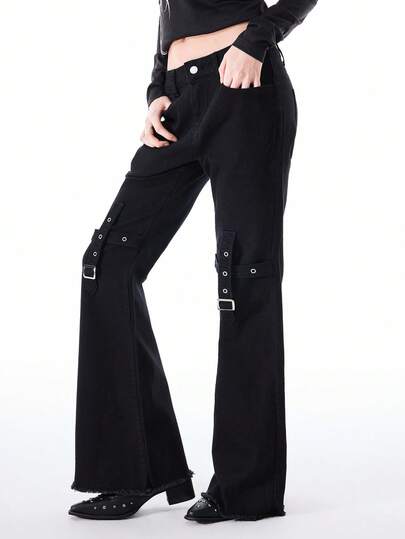 Bloopia Women's Solid Color Metal Grommet Casual Flare Leg Pants