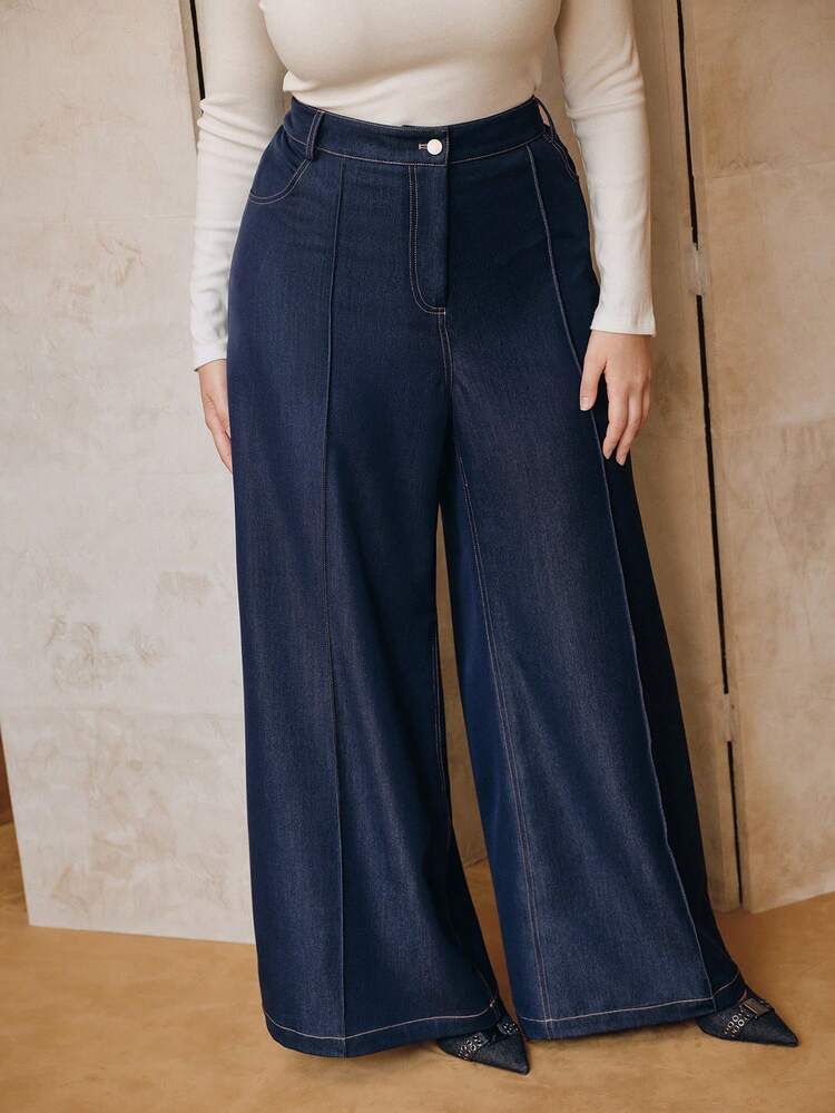 플러스 사이즈 여성 하이 웨이스트 스트레이트 레그 캐주얼 바지