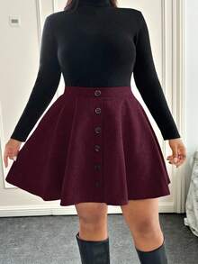 SHEIN EZwear Plus Size Solid Color Wine Red Button Decor A-Line Skirt, Autumn Fall - Burgundy - View 7