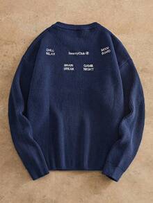 HIMLAND 男士时尚宽松刺绣圆领长袖毛衣，秋冬 - 藏蓝色 - 查看 2