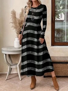 EMERY ROSE Sukienka damska casualowa z okrągłym dekoltem i długim rękawem w bloki kolorów, jesień