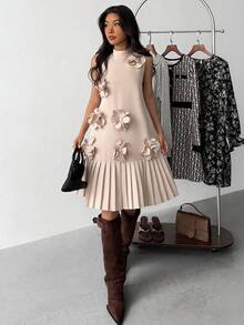 فستان أنيق بدون أكمام مع طوق مندرين وزخرفة زهرية وذيل منبثق للمراهقات - لون مشمشي - مشاهدة 4