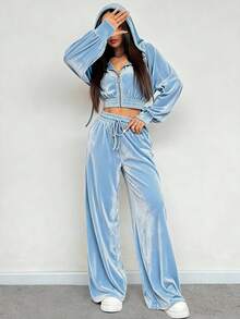 SHEIN EZwear Bộ 2 áo hoodie và quần dài màu xanh nhạt thường ngày dành cho nữ, trang phục Giáng sinh 2 món - Màu xanh nhạt - Xem 3