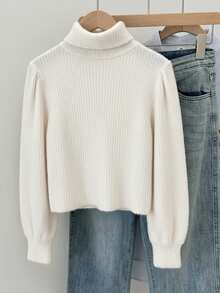 SHEIN Camiseta de manga larga con cuello de tortuga y mangas farol, de tela acanalada texturizada blanca sólida, para uso diario casual de niñas preadolescentes - Beis - Ver 2