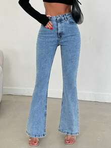 EURMUSE 98% CottonHigh Waist Snow Wash Flare Jean - Medium Wash - View 5
