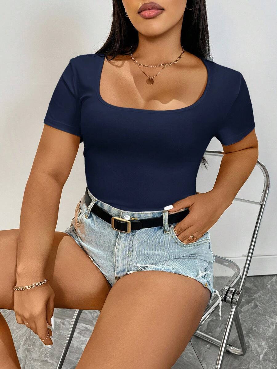 SHEIN Essnce Áo thun nữ mùa hè cỡ lớn, Áo thun ngắn tay thường ngày đi chơi, Tiệc nhạc đồng quê - Màu xanh hải quân - Xem 1