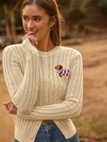 WESTFADE 纽扣前襟迷你麻花针法小狗蝴蝶结刺绣胸前修身开衫毛衣，适合冬季、波西米亚风、西部风、假日、圣诞节、新年、纳什维尔牛仔女郎、休闲、可爱风格。 - 奶油色 - 查看 1