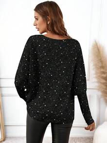 EMERY ROSE Women's Casual Elegant All-Over Print Batwing Sleeve Round Neck T-Shirt, Autumn 3D Printing Black Rhinestone Top Glitter Top Women Black Sparkly Top Black Sequin Top Bling Top - Multicolor - View 3