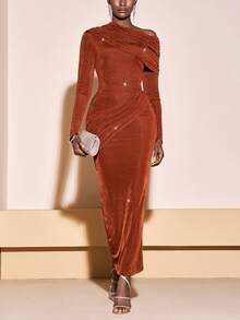 Zivah 2025 Autumn/Winter New Year, Valentine's Day, Party, Banquet, Date, Birthday Party, College Style, Student Wear, Daily Outing, Basic Versatile, Casual, Cruise Travel, Viral Hit, Elegant, Commute, Business Casual, Minimalist, Sexy Club, Asymmetrical Shoulder Long Sleeve, Waist & Hem Cinched, Hip Criss-Cross Ruched, Brown Shimmery Fabric, Formal Dress, Party Maxi Dress, Women's Dress - Brown - View 3