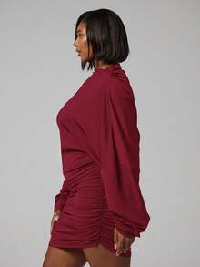 MUSERA Vestido mini ajustado con cuello de embudo, manga larga y fruncido, para salir, fiestas, vacaciones y verano, talla grande - Burdeos - Ver 3
