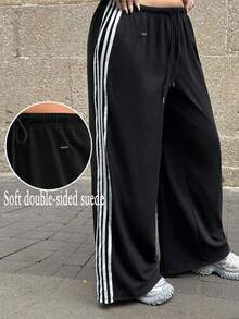 Muchica Pantalones cómodos de tiro con cordón, de pierna recta y de color negro y contraste, para tallas grandes