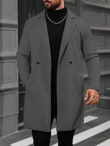 Manfinity Homme 男士灰色秋季商務休閒辦公室純色口袋鈕扣前襟長袖大衣，冬季外套，送給丈夫男友的禮物 - 深灰色 - 查看 6